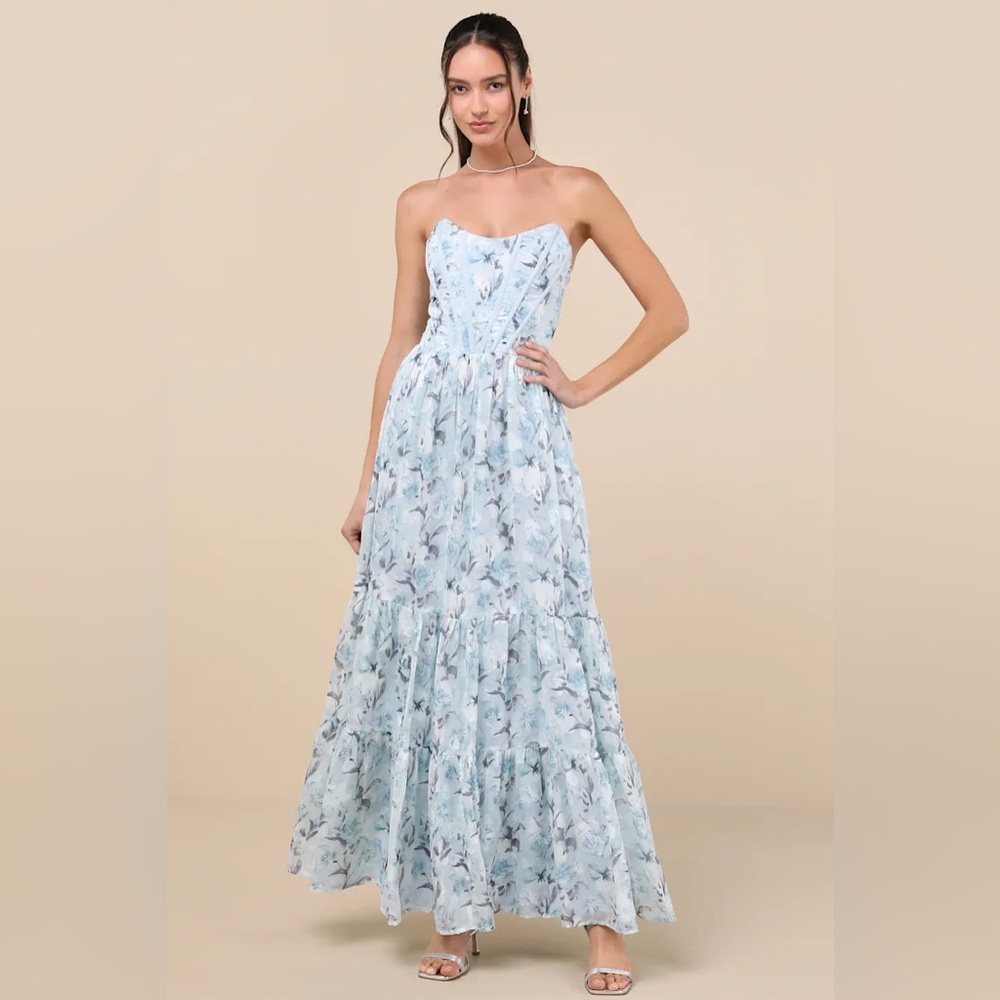 Special Moment Light Blue Floral Strapless Bustier Maxi Dress